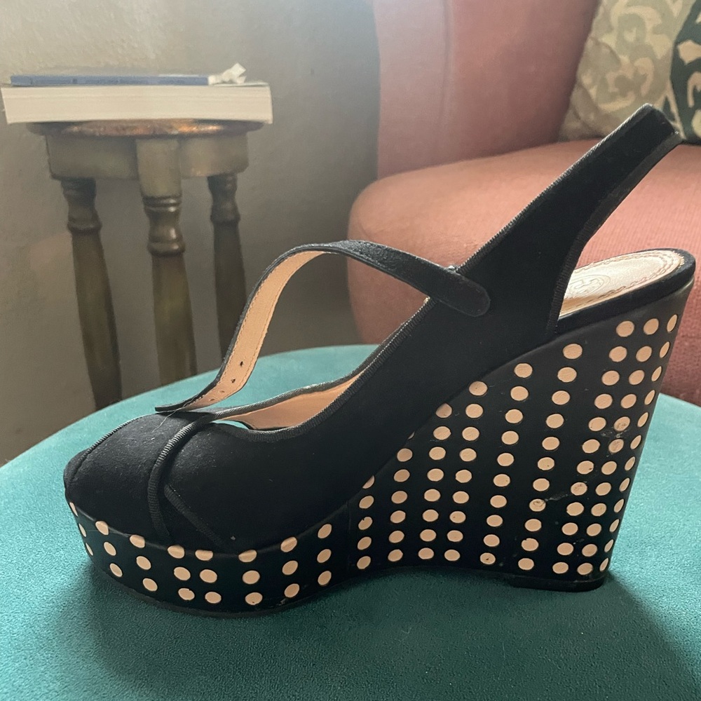 Tory Burch Black and Cream Wedge Sandals